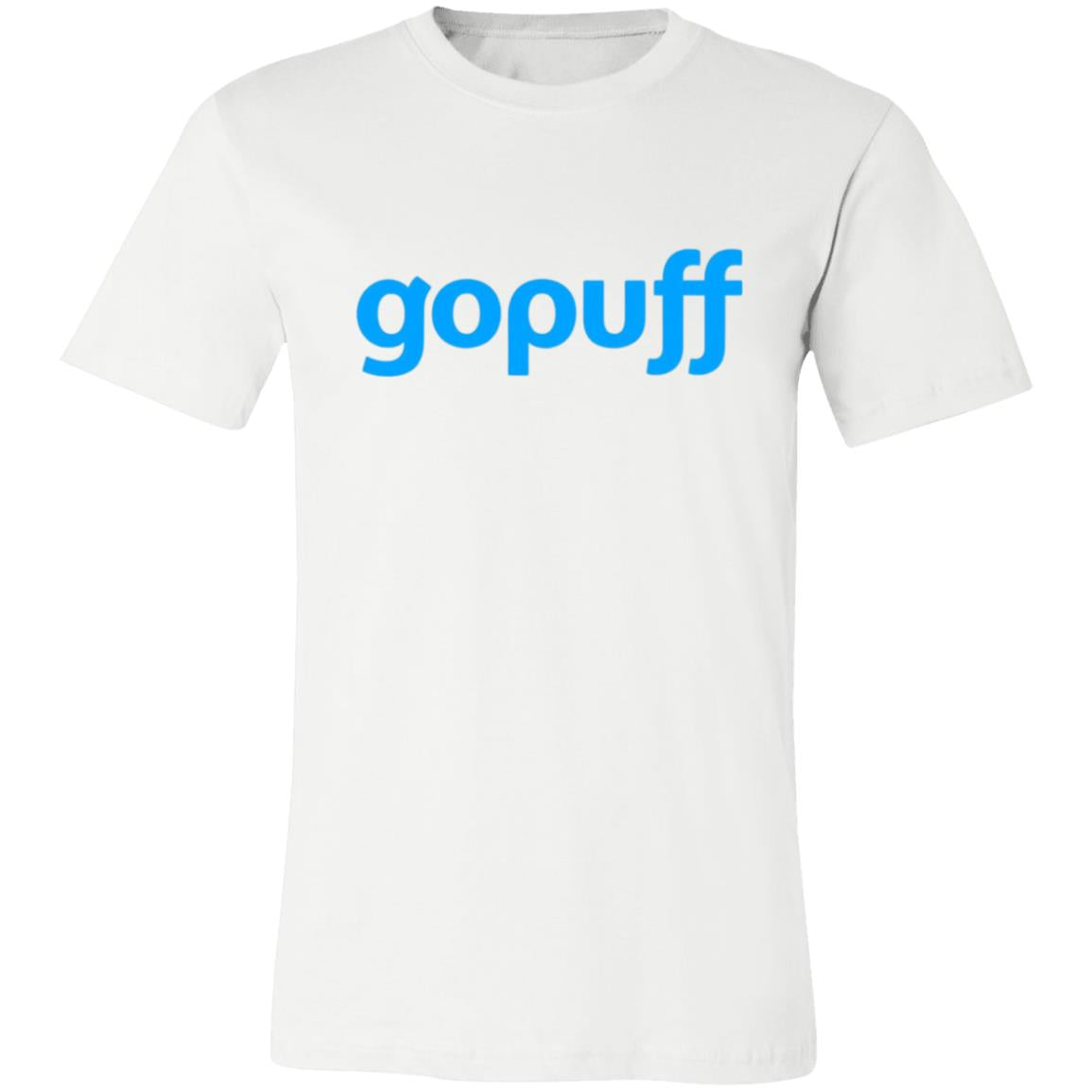 Womens White Gopuff Blue Logo T Shirt Food Delivery Merch, Front