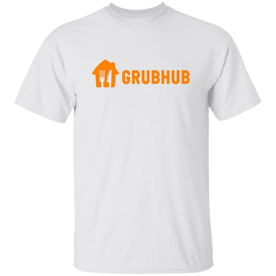 Mens White Grubhub Orange Logo T Shirt Food Delivery Merch, Front
