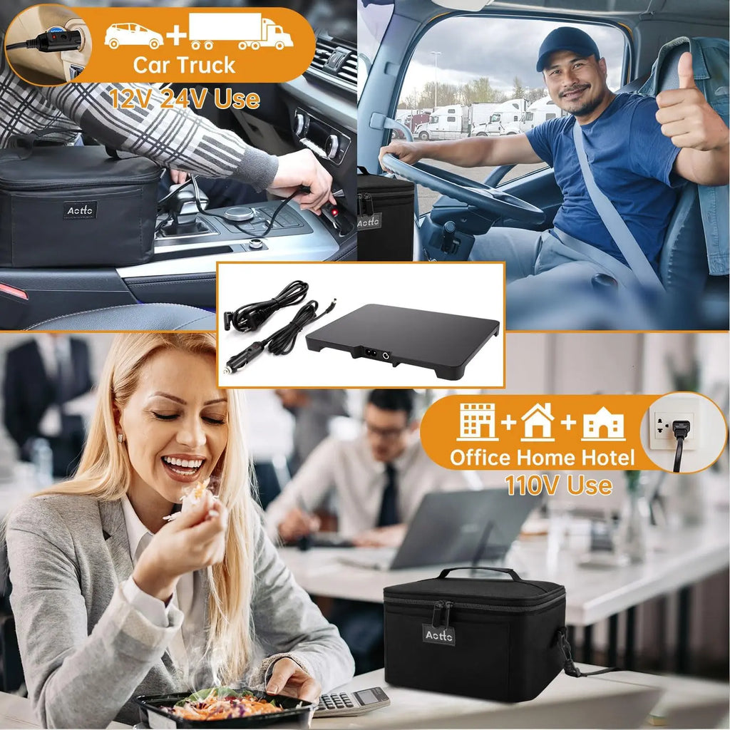 Aotto Portable Oven, Electric Lunch Box Food Heater - 12V/24V/110V 3-in-1 Car Food Warmer - Mini Personal Microwave Heated Lunch Box Warmer for Car, Truck, Travel, Office & Home Use - Black (Not For Purchase) Amazon Only!